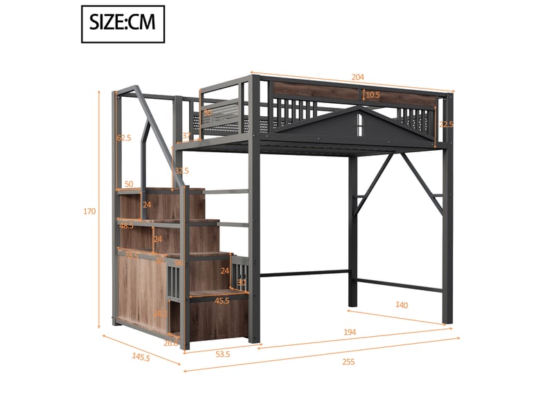  Lit mezzanine 140x200 cm avec escalier de rangement et fenêtre, noir  - Conforama C