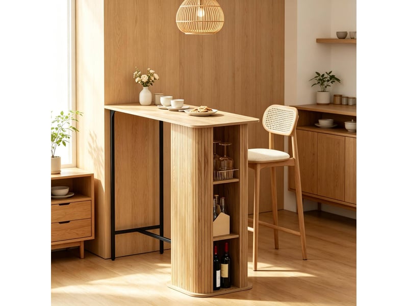 Table de bar avec prises, 3 niches de rangement, pieds métal réglables, bois clair et noir, style scandinave - Conforama B