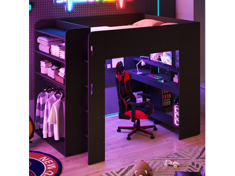  Lit mezzanine 140 × 200 cm 2 places avec bureau, armoire ouverte, rangements, led et usb, sans matelas, noir  - Conforama B