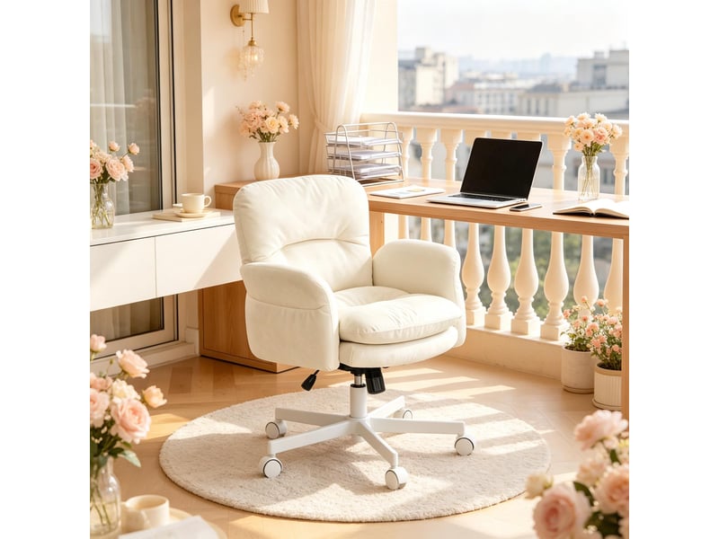  Fauteuil pivotant 360° réglable en hauteur - lpospi - dossier rembourré, chenille beige, 71 × 68 × 84,5-92,5 cm  - Conforama C