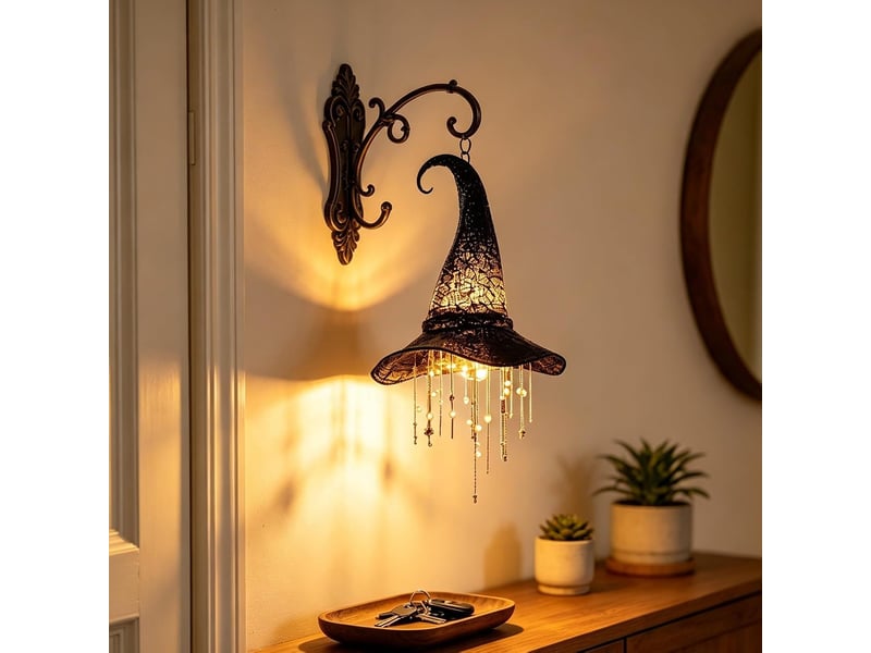  Décoration halloween suspendue, chapeau de sorcière lumineux led à lumière chaude avec étoiles en cascade pour porche et terrasse, court  - Conforama E