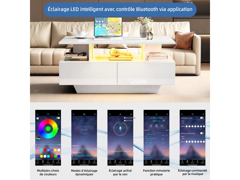  Table basse 90x55x41 cm avec led, 2 tiroirs, rangement, finition haute brillance, salon, blanc  - Conforama E