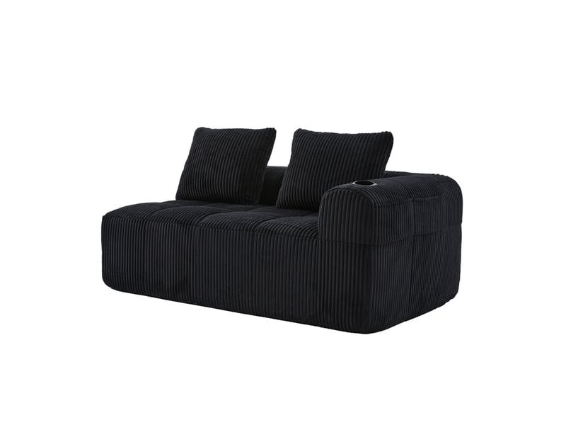 Canapé fixe 2 places en velours côtelé noir avec rangements latéraux et porte-gobelets - Conforama A