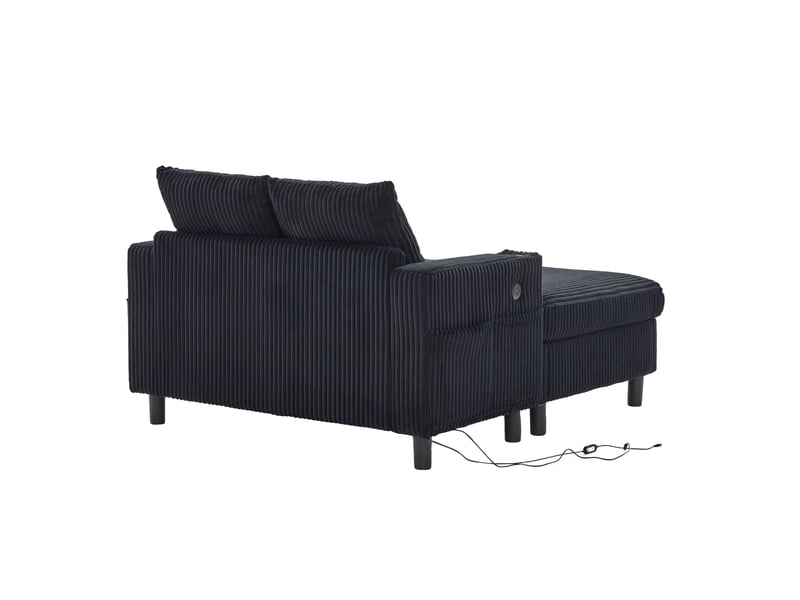 Fauteuil relax chaiselongue fixe 1 place en velours côtelé noir avec led, usb et porte-gobelets intégrés - Conforama D