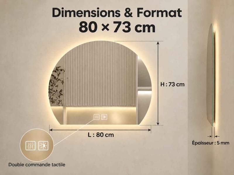  Miroir salle de bain led forme arche 80 × 73 cm, éclairage 3 couleurs à intensité variable et fonction antibuée tactile  - Conforama C