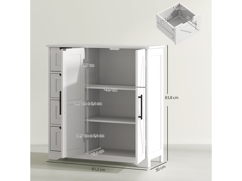  Meuble de salle de bain, meuble de rangement, avec 4 tiroirs, 1 placard, pour petits espaces, blanc, 81,2 x 30 x 83,8 cm  - Conforama C