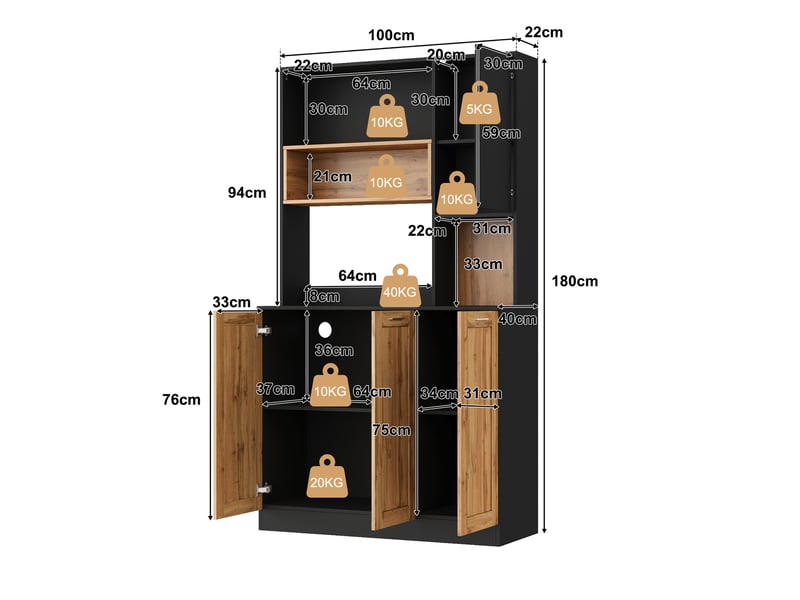 Armoire de cuisine haute avec éclairage led et prises, rangement avec étagères réglables, vitrine pour salon et salle à manger, 100 × 40 × 180 cm - Conforama C