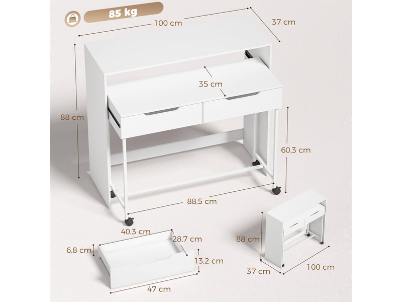  Bureau d'ordinateur extensible 100 cm avec 2 tiroirs, bureau avec rangement, style moderne, blanc  - Conforama E