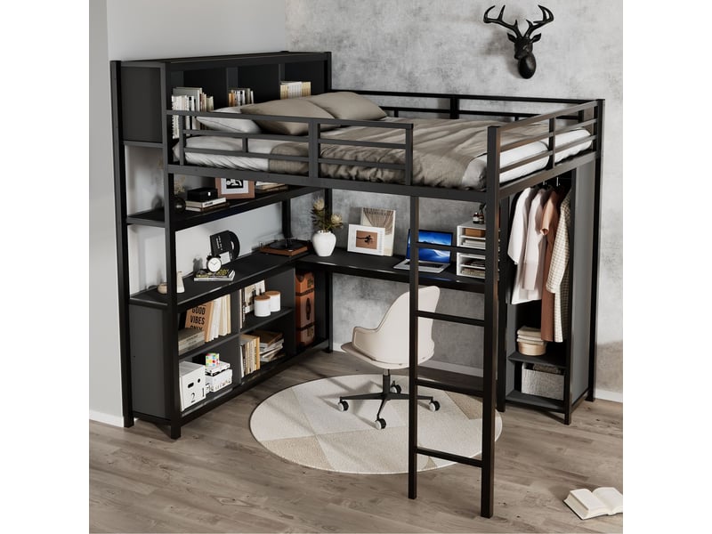 Lit mezzanine 140x200, avec penderie, lit mezzanine enfant ,lit supérieur avec rangement, fer à repasser + panneaux de particules  - Conforama A