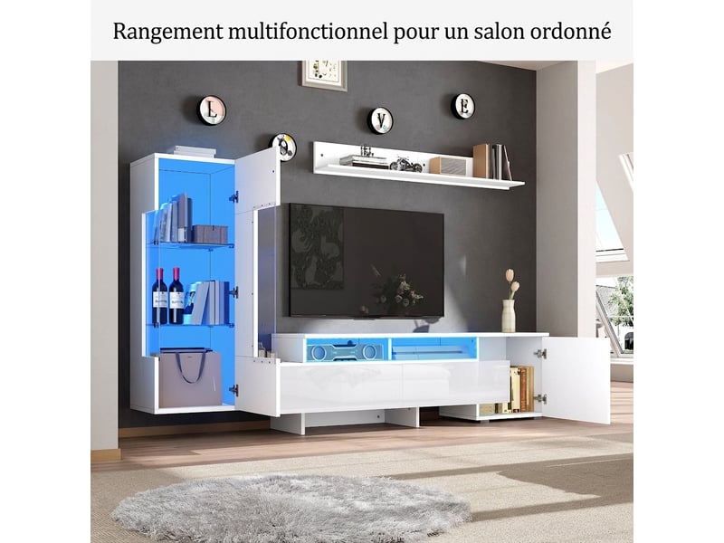  Ensemble meuble tv mural 3 pièces blanc brillant avec led, pour tv jusqu'à 70 pouces  - Conforama D