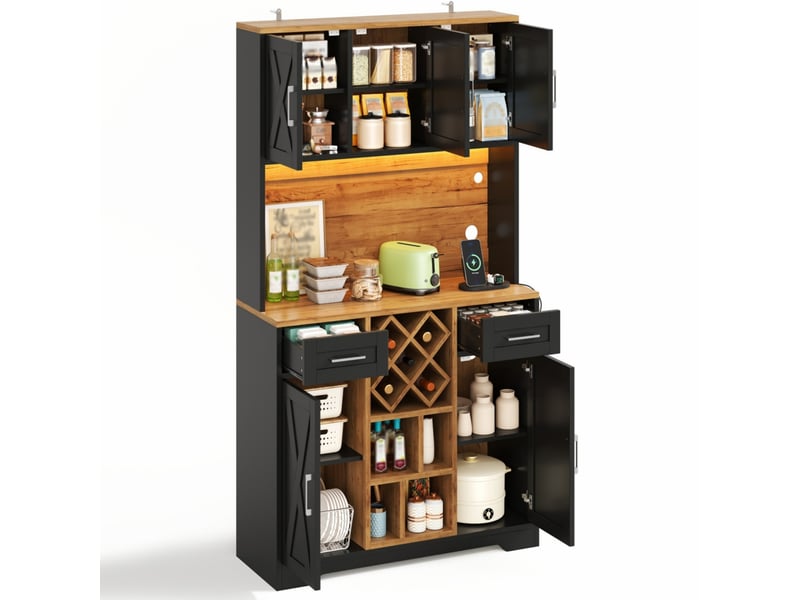  Meuble haut de cuisine 105x40x180 cm avec led et porte-bouteilles naturel et noir  - Conforama A