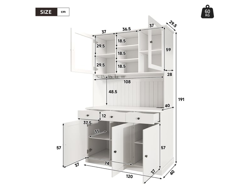  Buffet haut de cuisine avec 2 portes vitrées, tiroir, porte-verres et prises pour séjour, blanc, 120 × 40 × 191 cm  - Conforama E