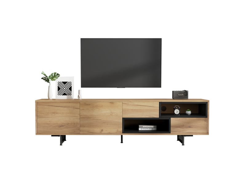  Meuble tv bas 173x38x48 cm, tiroirs diagonaux, portes, 2 casiers escalier, en panneau de particules couleur grainée bois  - Conforama A