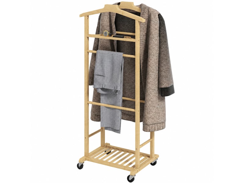  Portant à vêtements sur roulettes, porte-manteaux en bambou, double cintre intégré, 47 x 33,7 x 105,5 cm, bois naturel  - Conforama B