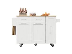 Desserte cuisine, îlot central sur roulettes avec plan de travail, plateau extensible, dimensions 110 x 46 x 90,5 cm, mdf, blanc