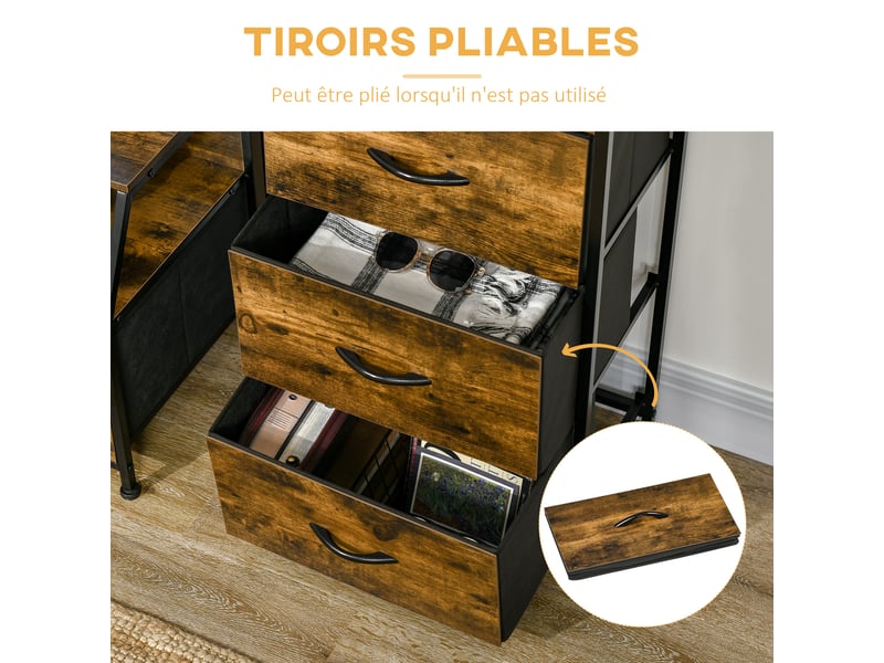 Meuble de rangement style industriel commode 3 tiroirs en tissu amovibles et 2 étagères - bois et métal - 44 x 29 x 92 cm - Conforama E