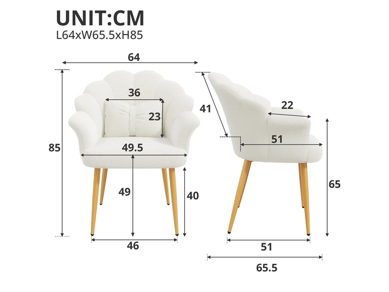 Lot de 6 fauteuils de salle à manger 64x65,5x85 cm, dossier pétale, accoudoirs, tissu bouclette, blanc  - Conforama C