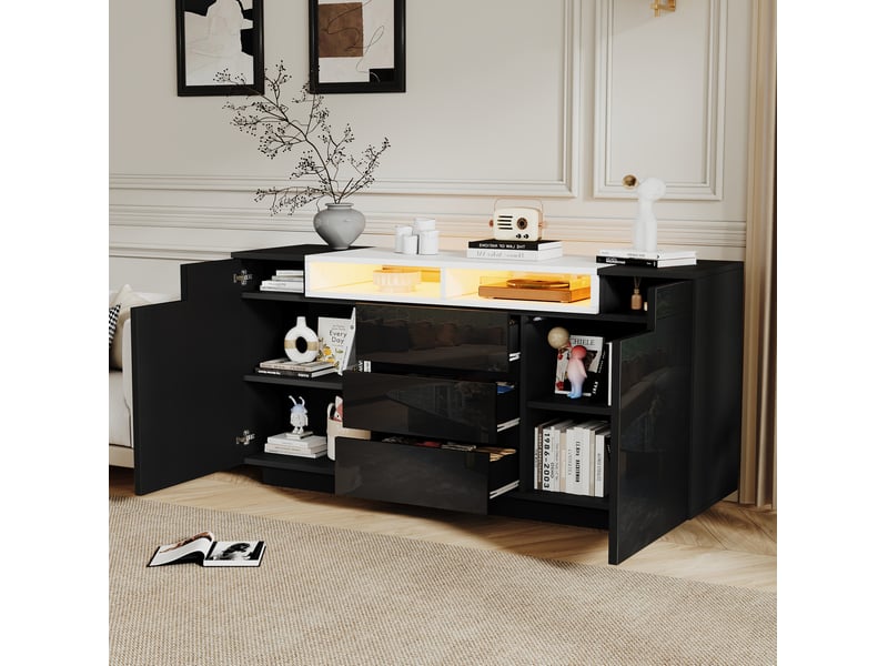  Buffet et enfilade avec 2 portes, 3 tiroirs et éclairage led pour salon, en panneaux de particules noir, 140 × 40 × 68 cm  - Conforama C