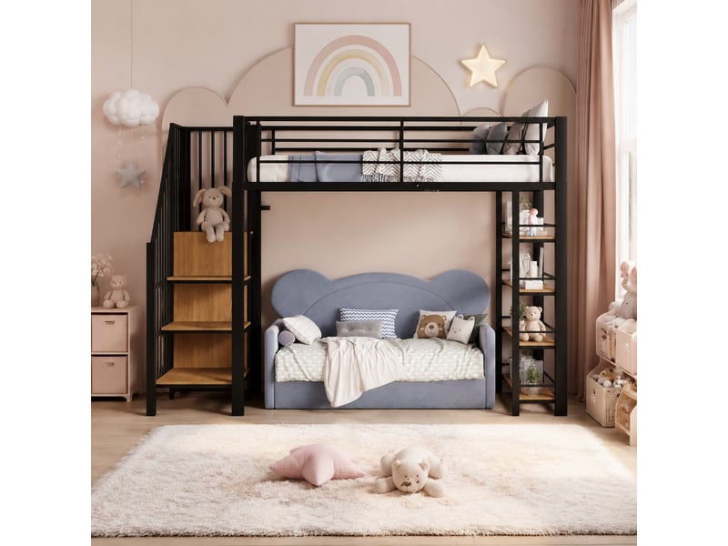Lit mezzanine 90x200 cm avec escalier, penderie et étagères noir - Conforama D