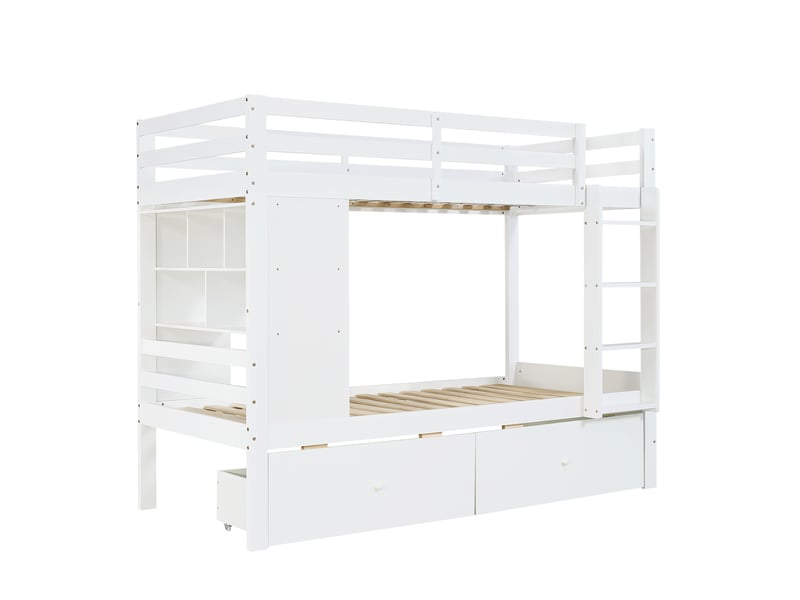  Lit superposé 90x200 cm en bois blanc avec 2 tiroirs, étagère ouverte et échelle  - Conforama A