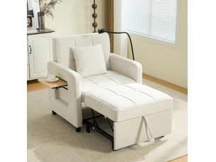 Fauteuil convertible deux en un avec dossier réglable, rangements, plateau et coussin en chenille beige