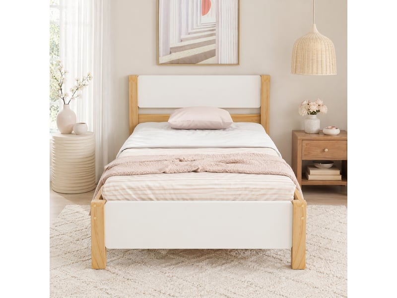  Lit simple 90x200 cm blanc et bois naturel, cadre en pin et mdf  - Conforama B
