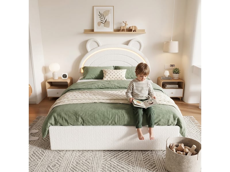  Lit enfant 140 × 200 cm 2 places avec 4 tiroirs, led via application et tête de lit ourson, sans matelas, beige  - Conforama B
