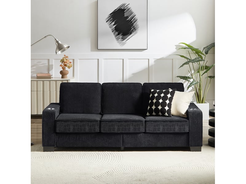  Canapé droit 3 places avec porte-gobelets intégrés et accoudoirs larges en velours côtelé noir, 206 × 72 × 86 cm  - Conforama E