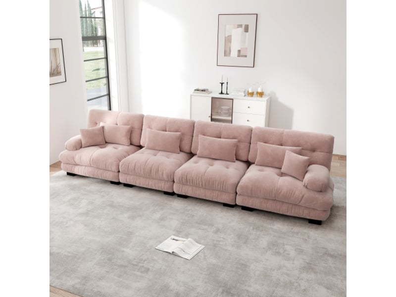  Canapé droit, canapés 4 places confortables avec assise profonde, chenille, rose  - Conforama C