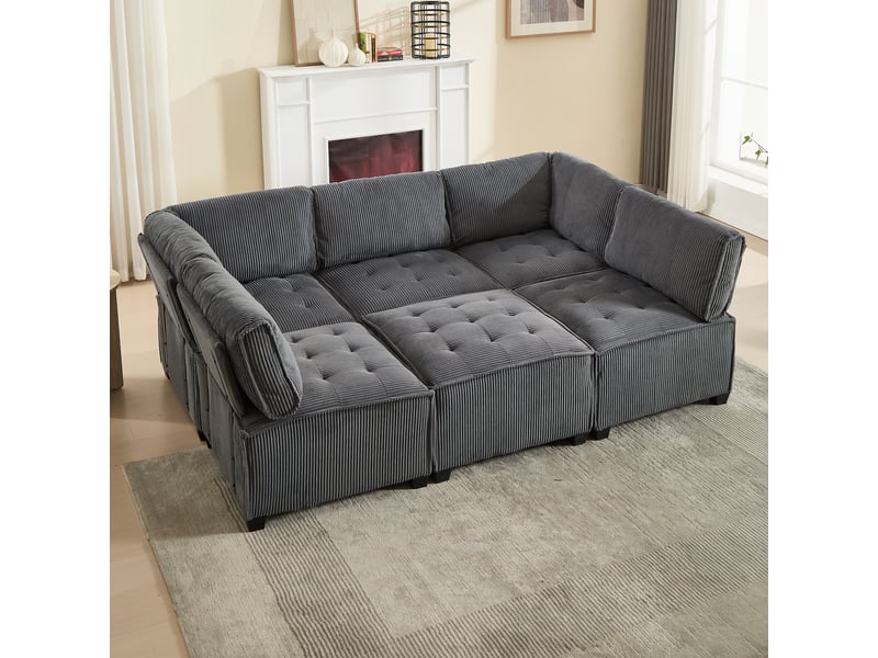  Canapé modulable 6 places 308 cm en velours côtelé avec poches latérales, configuration ul ou couchage, structure bois et métal, gris  - Conforama C