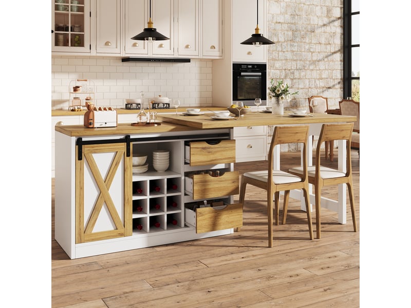  Îlot de cuisine multifonction 120-197cm, avec table extensible, tiroirs, porte-bouteilles amovible, style grange, blanc  - Conforama D