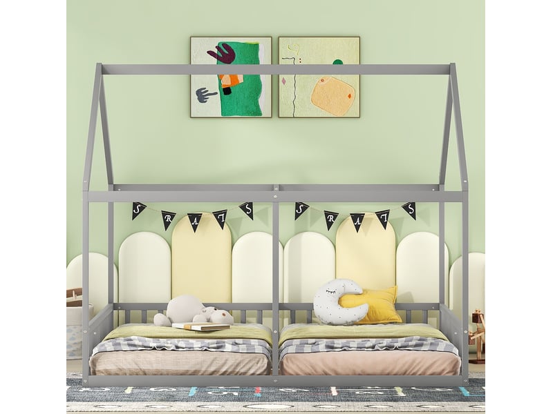  Modenvie lit cabane enfant 2 en 1 90x200 cm - double couchage avec barrières - pour chambre d'enfant - gris  - Conforama D