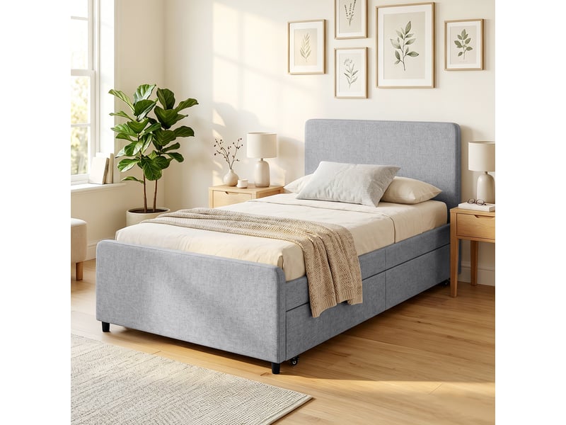  Lit gigogne 90x190 gris clair, cadre de lit simple double avec tête rembourrée  - Conforama W
