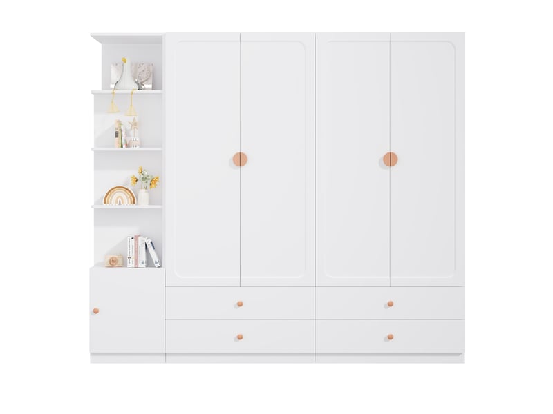 Armoire chambre 225x45x200 cm, grande penderie dressing modulable, avec 3 tringles et 4 tiroirs, bois massif mdf et acier, blanc - Conforama A