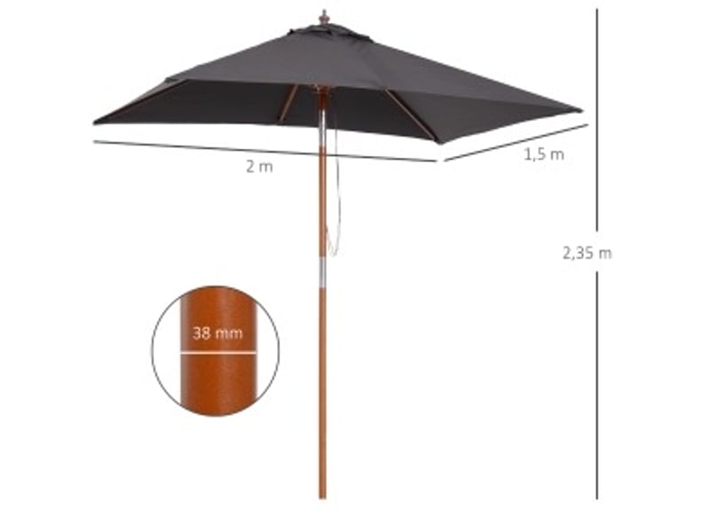  Parasol de jardin inclinable en polyester avec mât en bois de sapin, 3 positions, gris foncé, 200 x 150 x 235 cm  - Conforama D