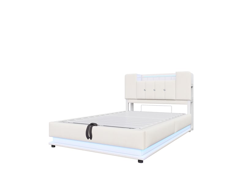  Lit enfant capitonné rembourré 90x200 cm en velours beige, coffre hydraulique, éclairage led, port usb, tête de lit capitonnée, sans matelas Luxe haut de gamme - Conforama A