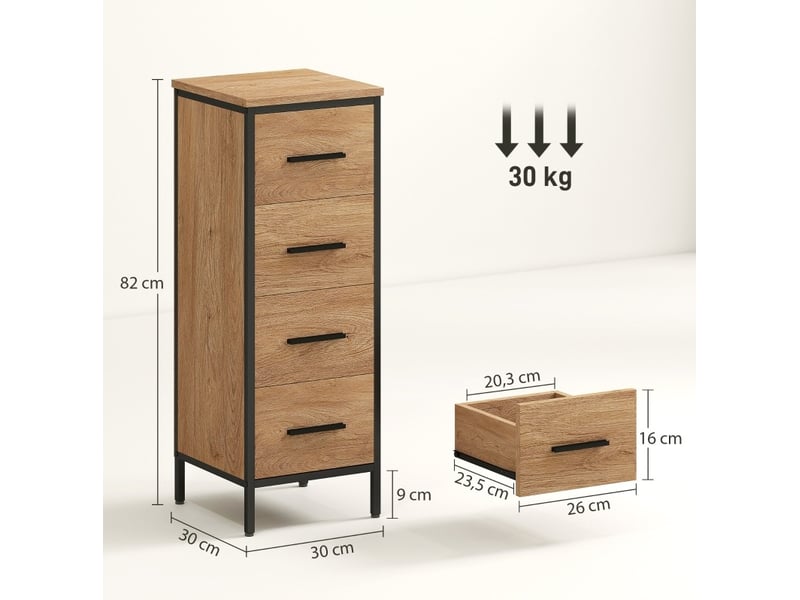  Meuble de rangement de salle de bain 30x30x82 cm – chêne – 4 tiroirs et cadre en acier industriel  - Conforama C