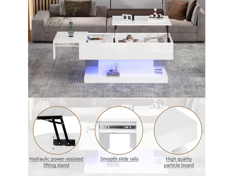  Table basse 100x50x45 cm rectangulaire, rangement caché, led, plateau relevable et coulissant, pour salon, pb, blanc  - Conforama D