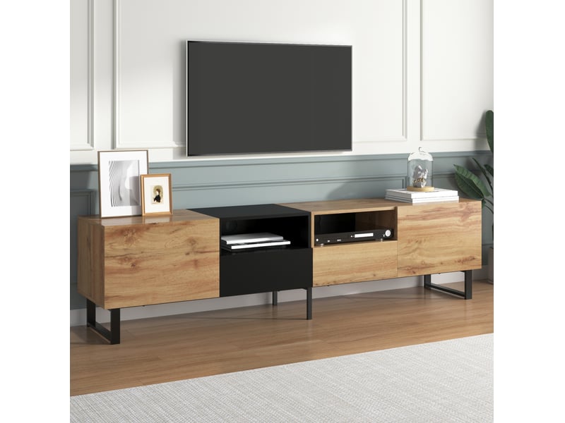 Meuble tv 190 x 38 x 48 cm, 2 portes et 2 tiroirs, mdf noir et bois moderne  - Conforama D