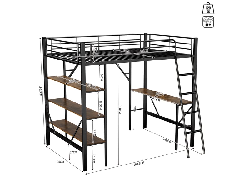 Lit mezzanine en métal 90x200 avec bureau et 3 étagères, cadre robuste avec échelle, lit mezzanine noir pour adulte et enfant. - Conforama C