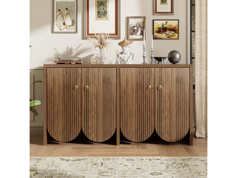 Buffet 147 cm avec 4 portes rainurées, étagères réglables et poignées en aluminium, mdf, effet noyer Fay Lum - Conforama B