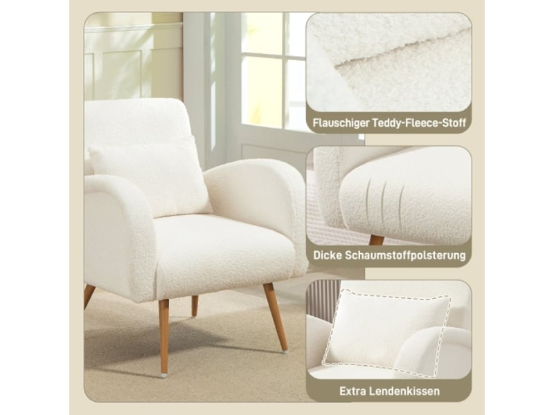  Fauteuil rembourré crème, revêtement polaire, coussin lombaire, pieds métal, fauteuil de lecture  - Conforama E