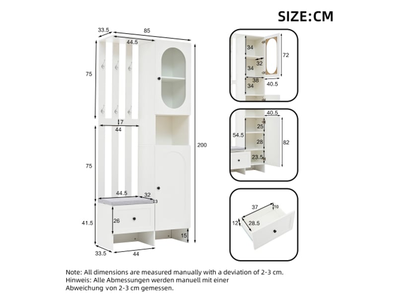  Garde-robe compacte 85×33,5×200 cm – 2 placards, armoire verre trempé, set entrée blanc, porte-manteau avec banc  - Conforama C