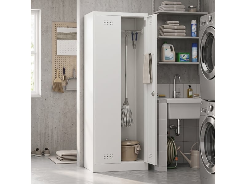 Armoire de rangement avec 2 portes, 3 étagères réglables et tringle pour garage en acier crème 60 × 40 × 165 cm - Conforama D