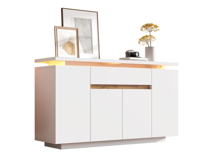 Buffet 140x40x80 cm led 1 tiroir 4 portes panneau de particules blanc - Conforama A