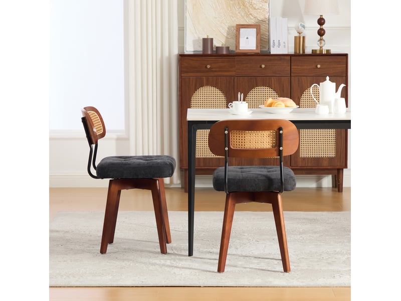  Chaise de salle à manger lot de 2 pivotante à 360° avec dossier tressé et assise en chenille noire  - Conforama E