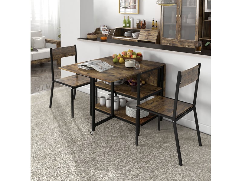 Table à manger pliante 2 à 6 personnes avec 2 étagères et roulettes freinées marron rustique 140 × 80 × 75 cm - Conforama E