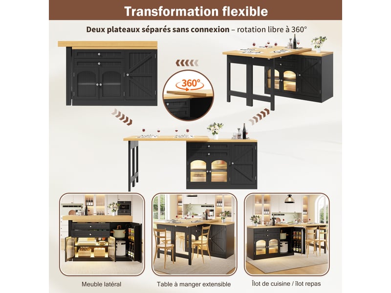  Îlot de cuisine extensible 120–194 x 40 x 73,5 cm avec plateau pivotant 360°, portes en verre et 2 tiroirs, noir  - Conforama E
