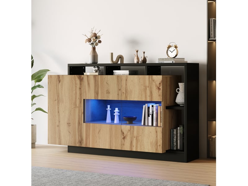  Buffet et enfilade led avec 2 portes, 5 niches et éclairage rgb réglable pour salon, mdf bois, 140 × 44 × 94 cm  - Conforama C