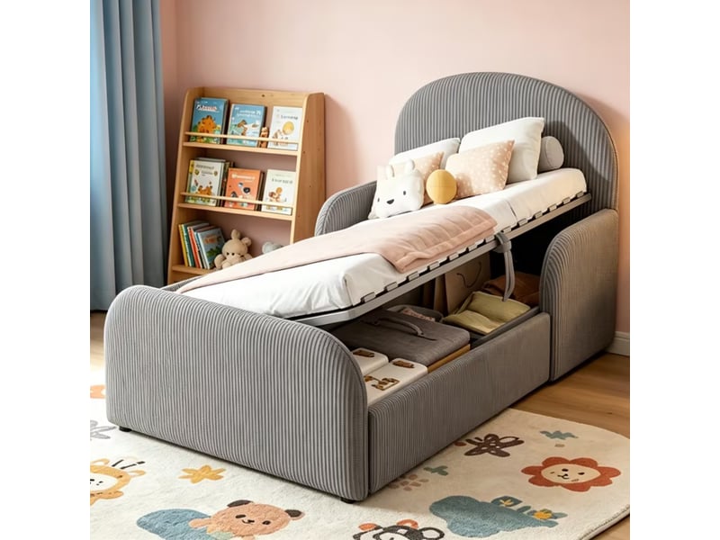  Lit capitonné enfant 90 x 200 cm gris, rangement hydraulique, tête et pied hauts, garde-corps sécurisés  - Conforama D